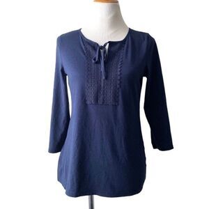 Talbots Embroidered 3/4 Sleeve Top Keyhole Tie Navy Cotton Blend size S